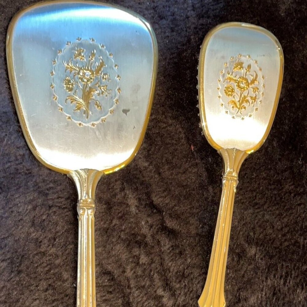 Vintage Hand Mirror & Brush Vanity Set Ladies Gold Tone on silver tones, USA